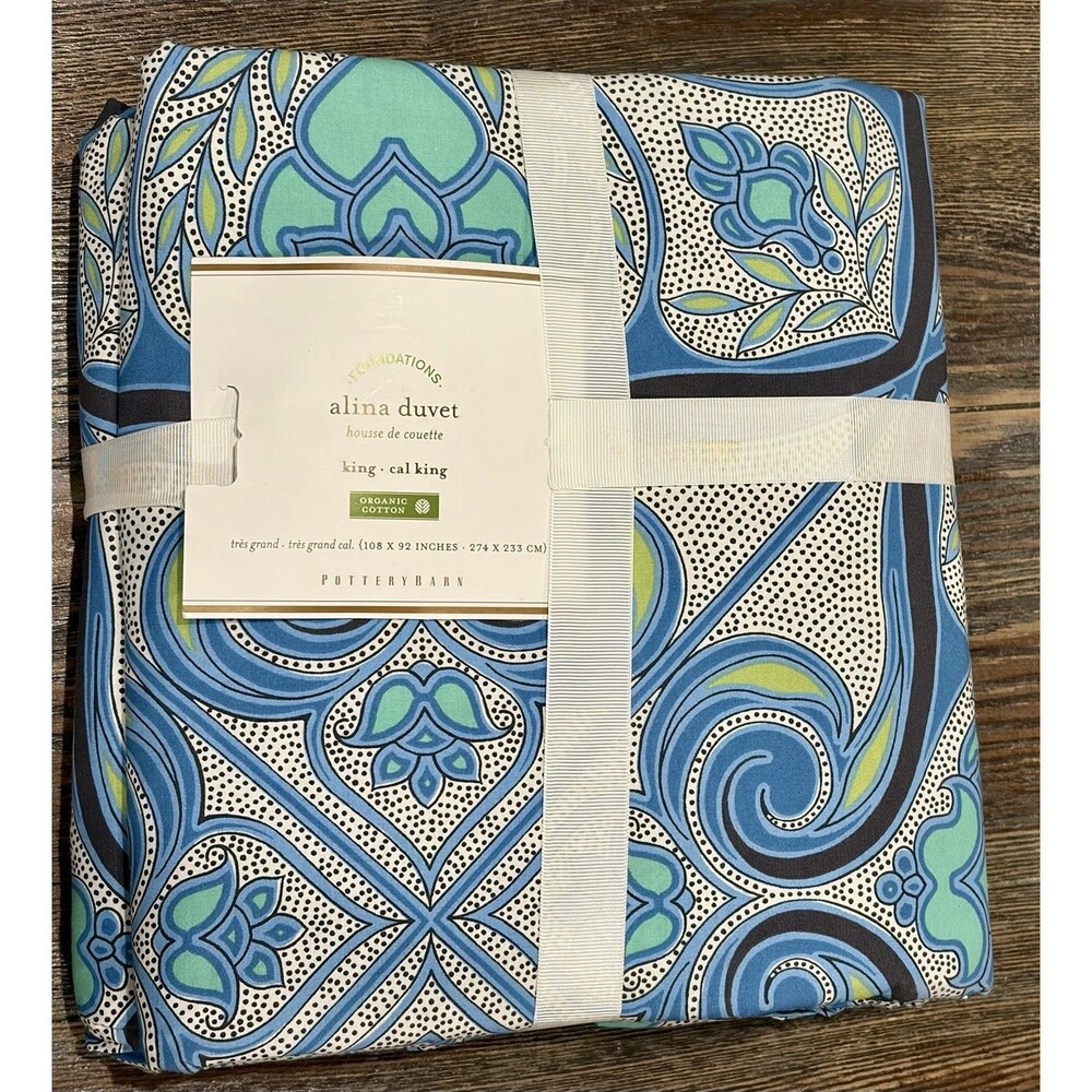 Pottery Barn “Alina” Blue/Green Scrolls Duvet Cover - King/California King - NWT - Picture 2 of 5
